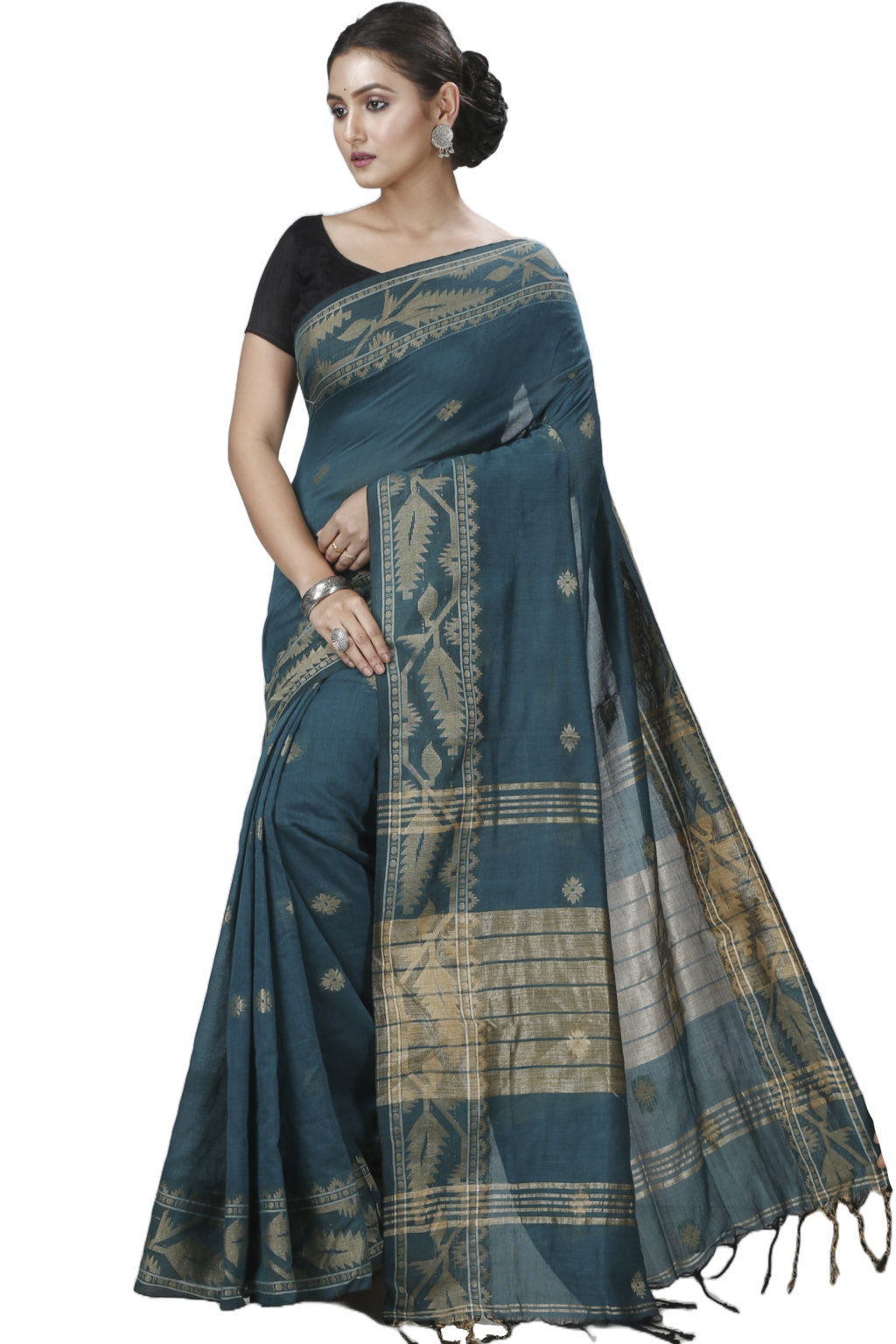 Botel Green Pure Cotton Tuma Hand Loom Saree (1196)
